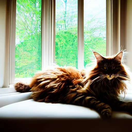 Image similar to portrait cream color maine coon cat curled up, bay window sofa, 8K, 4K, art, style of Matt Bors, by Antoine Blanchard, oversaturated lens flair, bokeh, sunbeam