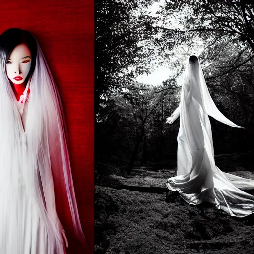 Prompt: ghost bride, white, long, flowing, translucent gown, vivid red colours, cinematic, in the style of zhang pang, first - person