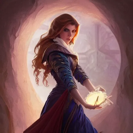 Prompt: anna kendrick holding a glowing wand in one hand and a large leather bound book, fantasy, intricate, elegant, highly detailed, digital painting, artstation, concept art, matte, sharp focus, illustration, in the style of magic the gathering, art by artgerm and greg rutkowski and alphonse mucha