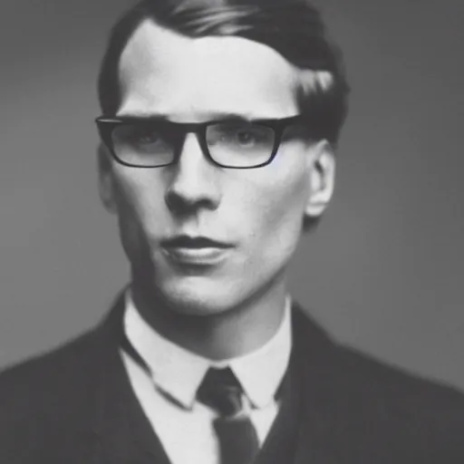 Prompt: A photograph portrait of Jerma985 wearing glasses with a middle part in the early 1910s, taken in the early 1910s, grainy, taken on a early 1900s Kodak Camera, realistic, hyperrealistic, very realistic, highly detailed, very detailed, extremely detailed, detailed, digital art, trending on artstation