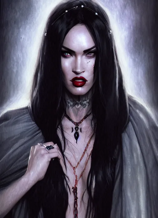 Image similar to portrait of megan fox as a evil vampire queen, bloody tears, jewelry, greek, dark, intricate, headshot, key visual, conceptart, ambient lighting, highly detailed, digital painting, artstation, concept art, sharp focus, by makoto shinkai and akihiko yoshida and greg manchess