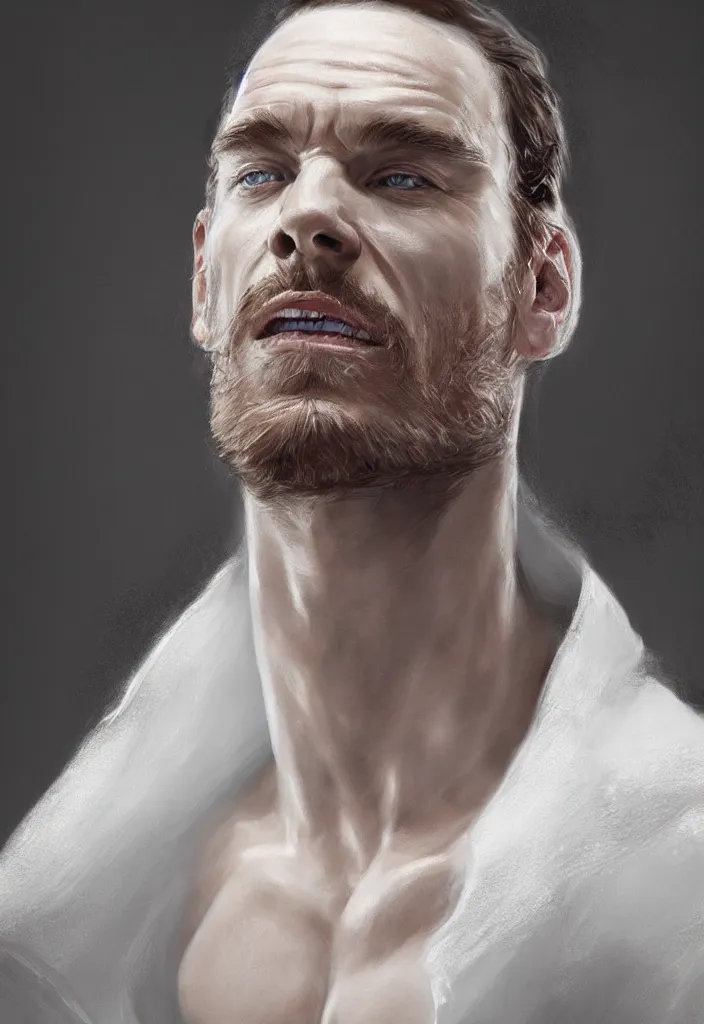 Prompt: Michael Fassbender in white cloak, intricate, body portrait, epic lighting, hyper realistic,ray tracing, white short hair, character concept art, cinematic, artgerm, ultra detailed, artstation trending.