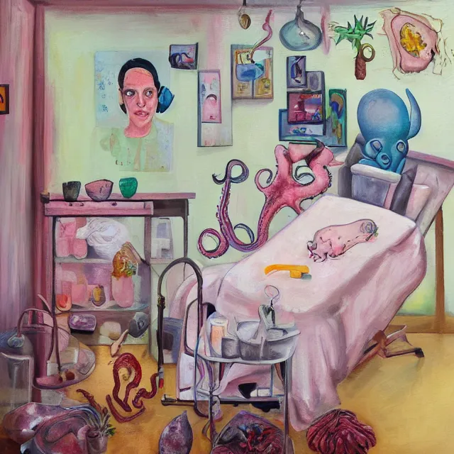 Prompt: a self - portrait in a female artist's bedroom, a female pathologist with a piglet, berries, surgical equipment, handmade pottery, plants in glass, sensual, octopus, pancakes, neo - expressionism, surrealism, acrylic and spray paint and oilstick on canvas