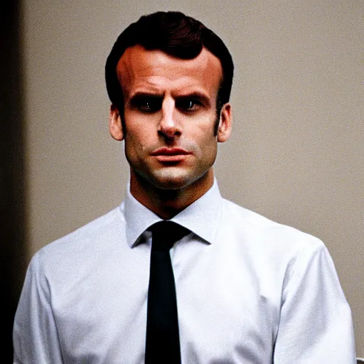 Prompt: Gigachad Emmanuel Macron in American Psycho (1999)