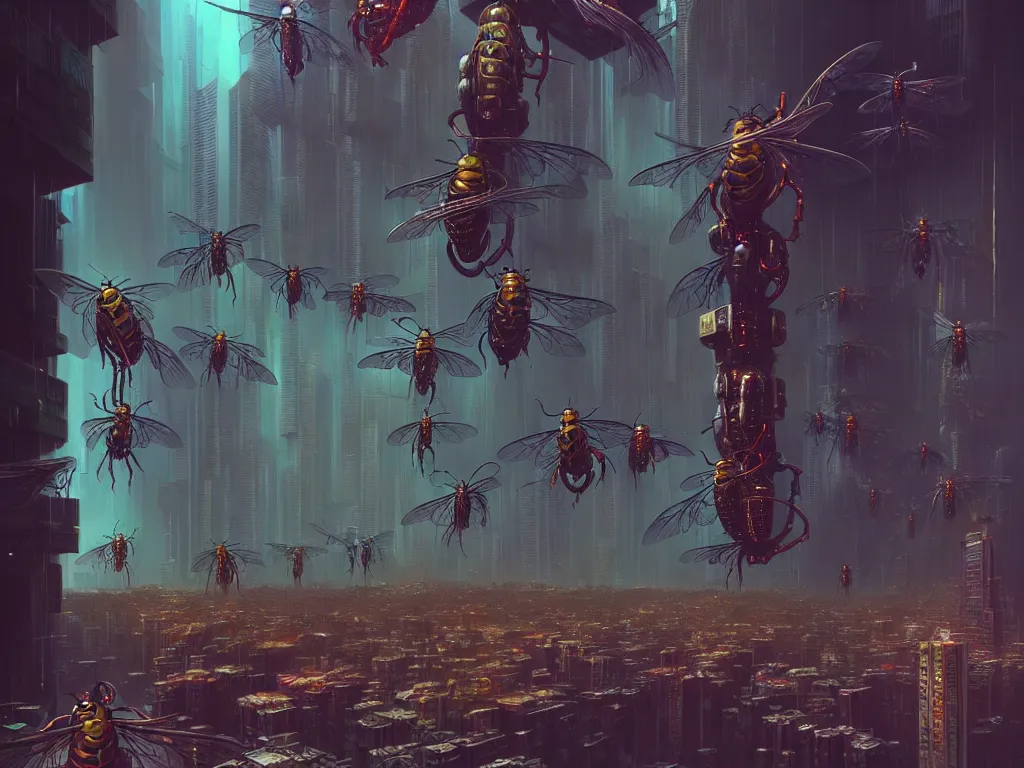 Prompt: cybernetic wasp colony, dripping with nectar, kowloon cyberpunk, by artgerm and kincaid and rutkowski and beksinski and giger, trending on artstation, octane render