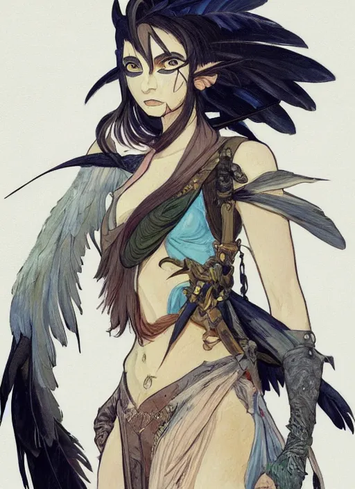 Image similar to concept art painting of a harpy with black feathers, androgynous, pirate clothes, detailed, realistic, cel shaded, in the style of makoto shinkai and james gurney and alphonse mucha and greg rutkowski and artgerm