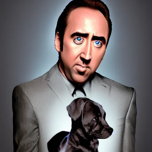 Prompt: nic cage in a puppy suit, nic cage is buff, digital photography