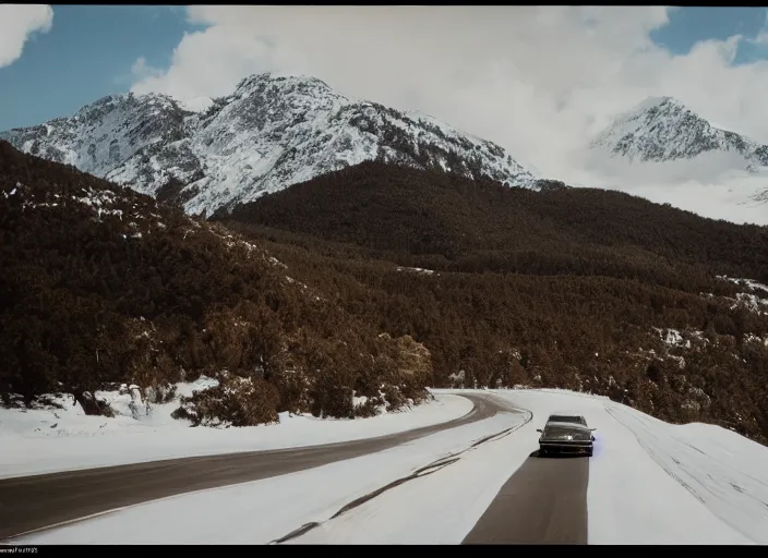 Image similar to A very high resolution image from a new movie, landscape from a car window , mountains, snowy, snowy mountains, Polaroid, directed by wes anderson