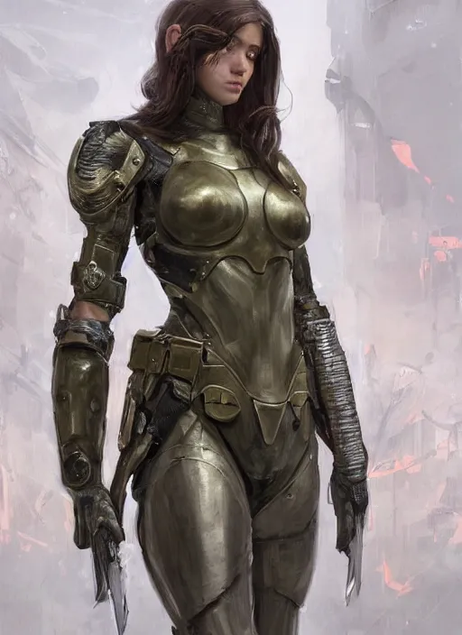 Image similar to a professional painting of a beautiful young female, clothed in military armor, olive skin, long dark hair, beautiful bone structure, symmetrical facial features, intricate, elegant, digital painting, concept art, smooth, sharp focus, illustration, from Metal Gear, by Ruan Jia and Mandy Jurgens and Artgerm and William-Adolphe Bouguerea