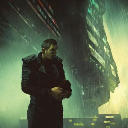 Image similar to blade runner style image of cyberpunk character and his baby dragon