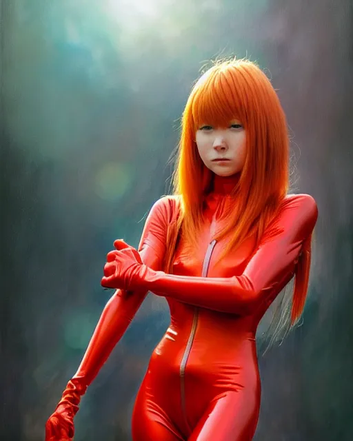 Image similar to asuka langley soryu wearing plugsuit, award winning photograph, radiant flares, realism, lens flare, intricate, various refining methods, micro macro autofocus, evil realm magic painting vibes, hyperrealistic painting by michael komarck - hollywood cosplay