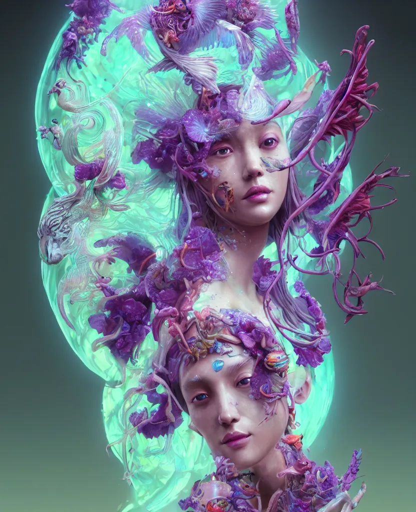 Prompt: goddess full color painted acryllic sculpture close-up portrait. orchid bird phoenix head, nautilus, skull, betta fish, bioluminiscent creatures, intricate artwork by Tooth Wu and wlop and beeple. octane render, trending on artstation, greg rutkowski very coherent symmetrical artwork. cinematic, hyper realism, high detail, octane render, 8k