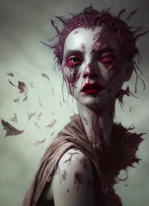 Image similar to portrait of sinister girl with pouty aerochrome lips, skeksis, unforgiving, bandaid on nose, expressive eyes, full body, translucent skin, greg rutkowski, charlie bowater, yuumei, stephen gammell, unreal 5, daz, hyperrealistic, octane render, rpg portrait, dynamic lighting, fantasy art, beautiful face