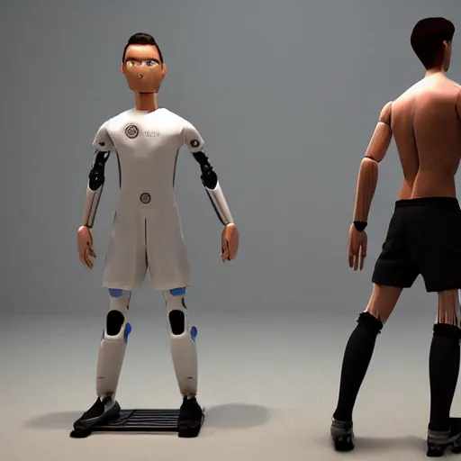 Image similar to a realistic detailed photo of a guy who is an attractive humanoid who is half robot and half humanoid, who is a male android, attractive and handsome soccer players, shiny skin, posing like a statue, blank stare, in a factory, on display, showing off his muscles, wearing soccer shorts, side view, looking at each other mindlessly