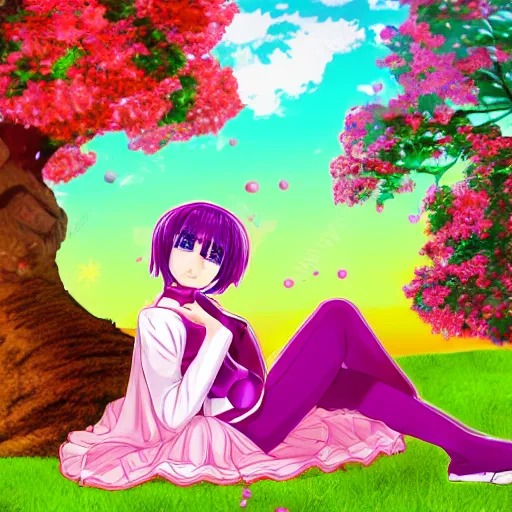 Prompt: Colorful vibrant bubblegum color theme anime girl in Seifuku sitting laying against a tree holding an apple