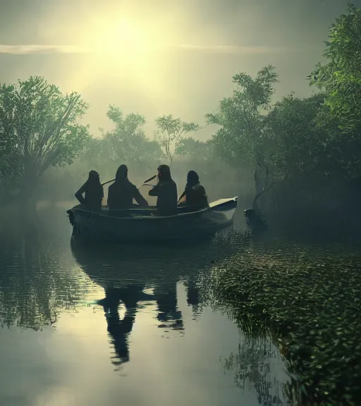 Prompt: three humans in a boat with a reflection of three crows in a swamp, volumetric lighting, fog, majestic light, octane render, ethereal glare of the sun, hyperrealistic, epic, masterpiece, by makoto shinkai