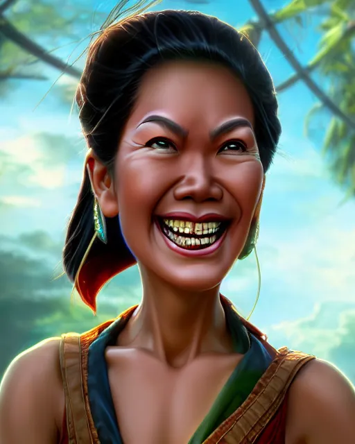 Prompt: grinning heavy filipina woman character portrait, by don bluth, sci - fi environment, highly detailed, dynamic shadows, 4 k, wallpaper - 1 0 2 4