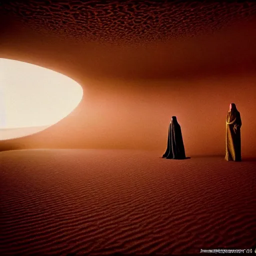 Image similar to colour aesthetic highly detailed photography scene arakis from dune ( 2 0 2 1 ) by alejandro hodorovski and denis villeneuve and gregory crewdson style characters with very highly detailed faces. with many details by andrei tarkovsky and caravaggio in sci - fi style. volumetric natural light hyperrealism photo on leica m - a kodak portra 4 0 0