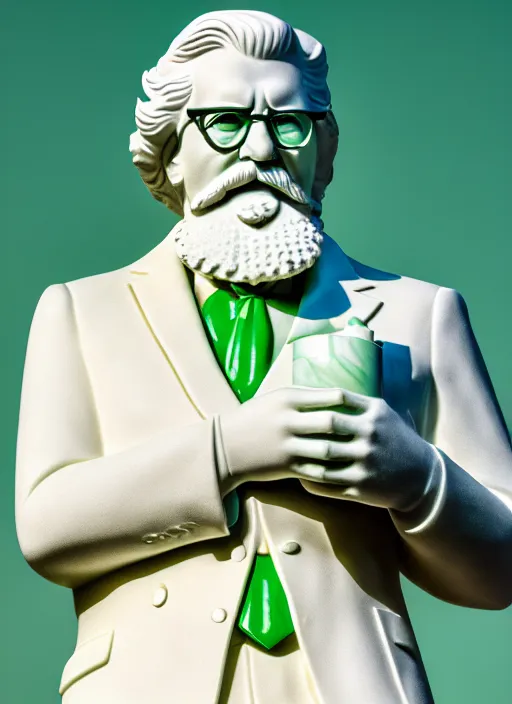 Image similar to colonel sanders as verde alpi marble statue by michaelangelo, high lights, 4 k, high detailed photography, 5 0 mm lens, depth of field, cinematic