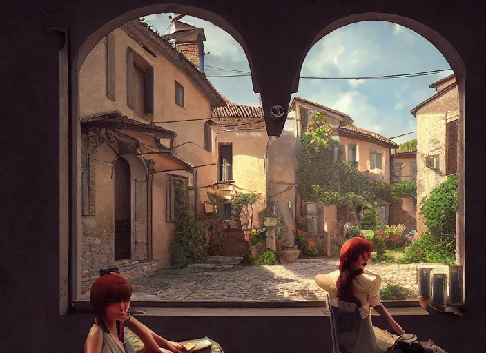 Image similar to seen through a window, italian village, by ilya kuvshinov, rtx rendering, octane render 1 2 8 k, maya, extreme high intricate details by tom bagshaw, composition by sana takeda, lighting by greg rutkowski