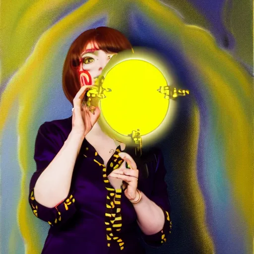 Prompt: A painting. A rip in spacetime. Did this device in her hand open a portal to another dimension or reality?! deep yellow by Rachel Maclean, by Carl Holsoe Sigma 85mm f/1.4