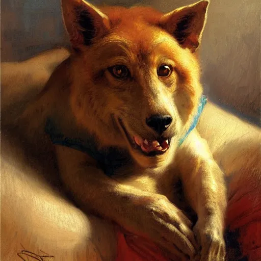 Image similar to a portrait of an animal wearing a shirt and sitting in bed. highly detailed painting by gaston bussiere, craig mullins, j. c. leyendecker, furry