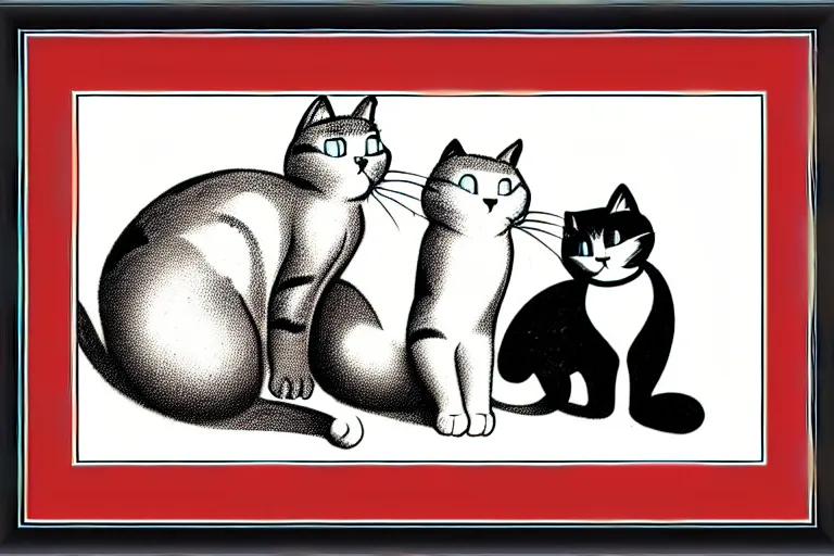 Prompt: side view of cats, framed photo hanging above couch, carl barks, cross hatching, red and black