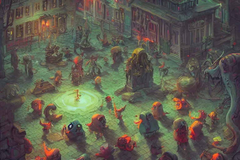 Image similar to cthulhu haunting children at the playground, painted by paul youll and marc simonetti, trending on artstation, dramatic lighting isometric view street art, crayon art, tilt - shift, final, remodernism