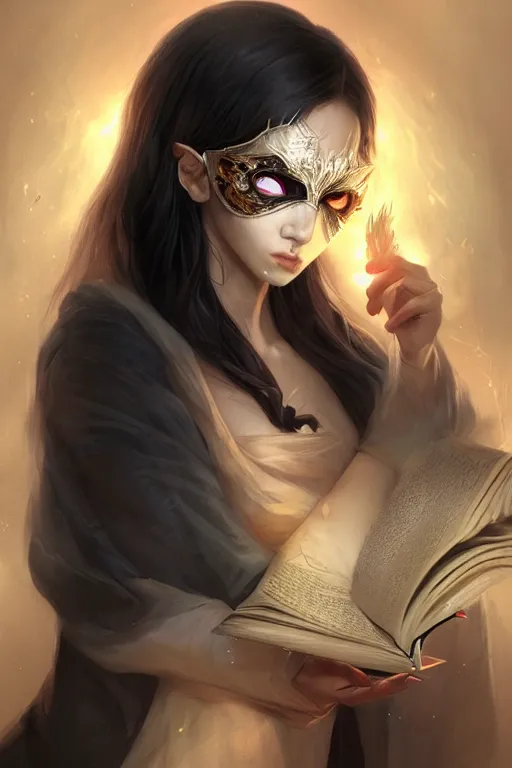 Image similar to gorgeous!!! hyper - realstic sorceress with a kitsune mask, holding a tattered book, casting a spell | drawn by wlop, drawn by jeehyung lee, drawn by artgerm | intricate, highly detailed, digital painting, character design, concept art, illustration, artstation