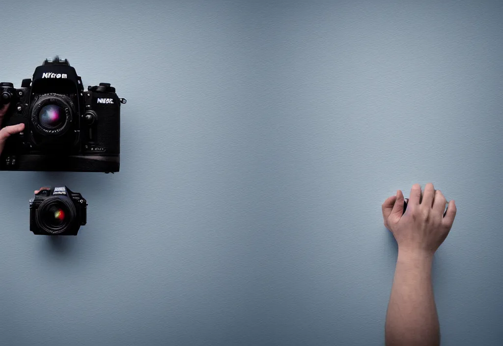 Image similar to first person view of a hand grasping a nikon dslr camera with mount fuji image in viewfinder, in the style of wes anderson, rene magritte, lola dupre, david hockney, isolated on white background, dark monochrome neon spraypaint accents octane render