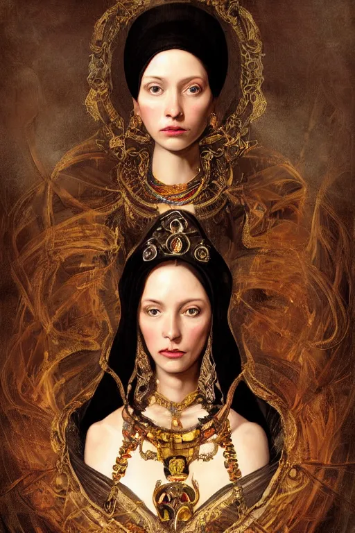 Image similar to portrait, headshot, digital painting, of Mother Ayahuascaa as a 17th century, beautiful female Royal, dark hair, amber jewels, baroque, ornate clothing, scifi, futuristic, realistic, hyperdetailed, chiaroscuro, concept art, art by caravaggio