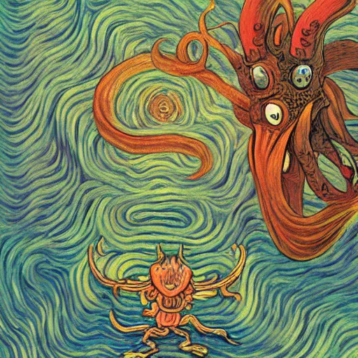 Image similar to whimsical silly detailed painting of a terrifying demon, in the style of studio ghibli and moebius and claude monet and vincent van gogh