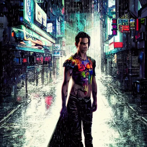 Image similar to An epic fantasy comic book style full body portrait painting of very beautiful cyberpunk hackers Matt Bomer and Emma Stone in the rain, neon reflections in the rain puddles, stunning 3d render inspired art by Tim Okamura and Lise Deharme + perfect facial symmetry + dim volumetric lighting, 8k octane beautifully detailed render, post-processing, extremely hyperdetailed, intricate, epic composition, grim yet sparkling atmosphere, cinematic lighting + masterpiece, trending on artstation, very very detailed, masterpiece, stunning