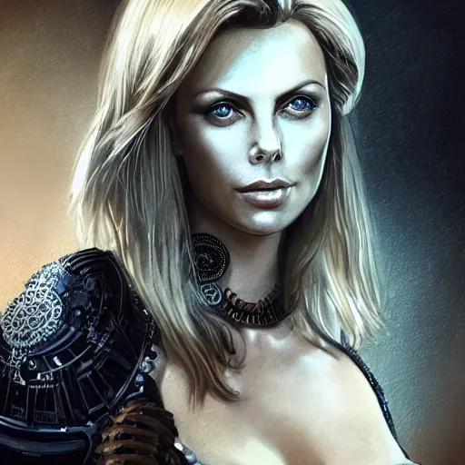 Prompt: beautiful Charlize Theron, perfect face and boy, in detailed steampunk dress, smooth, sharp focus, illustration, realistic, cinematic, artstation, cinematic, award winning, original modern artwork, set on H. R. Giger aesthetic, rgb ethereal lighting,8k