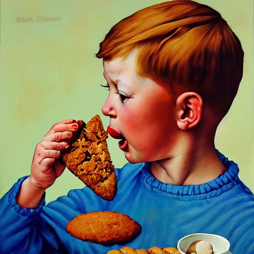 Image similar to painting of a ginger hair chubby boy eating a delicious cholocate chunks cookies, buzz cut, america, norman rockwell