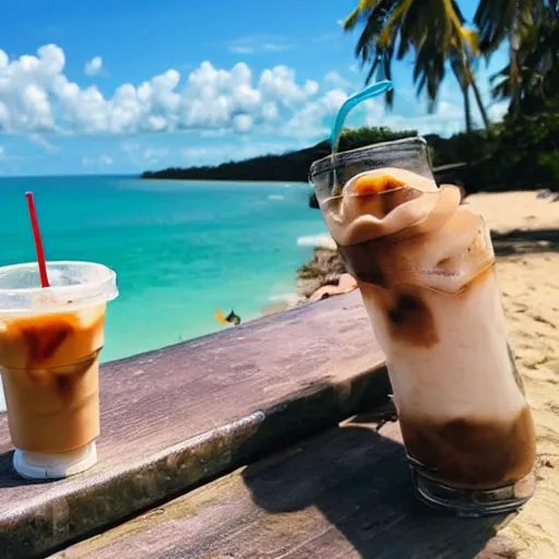 Image similar to 2 monkeys having iced coffee at a beach in the puerto rico