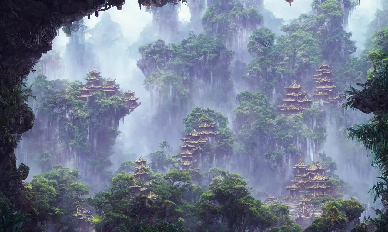 Prompt: misterious temple in the jungle in chinese style ， super wide angle, magnificent and gorgeous atmosphere ， matte painting ， rtx on ， by moebius, neil blevins and jordan grimmer ， trending on cgsociety and artstation, unreal engine ， volumetric light ， surreal