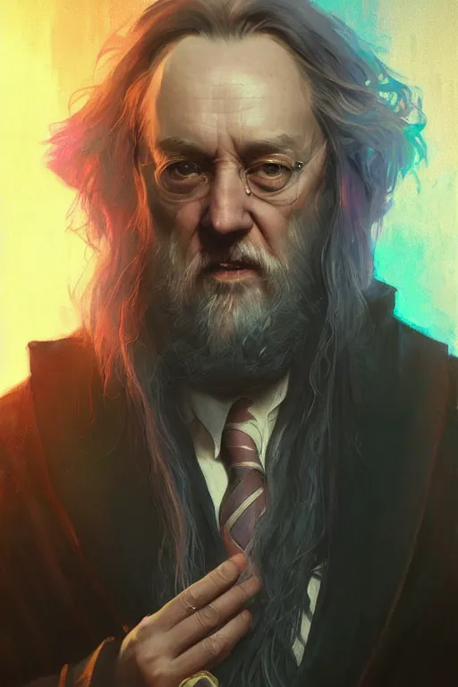 Image similar to portrait of Dumbledore in cyberpunk, neon lighting, night city, digital art from artstation by Ruan Jia and Mandy Jurgens and Artgerm and william-adolphe bouguereau and Greg Rutkowski