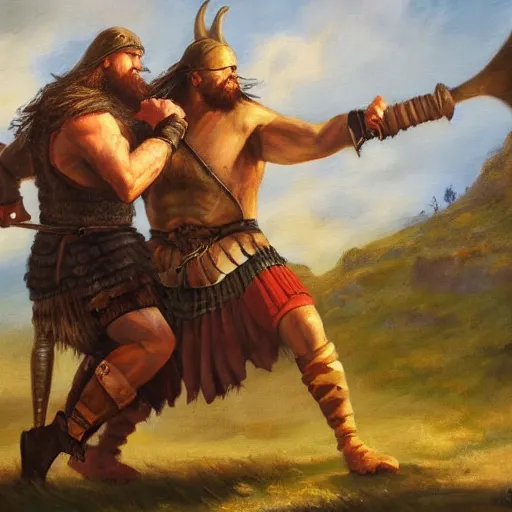 Image similar to A viking fighting a troll, oil painting