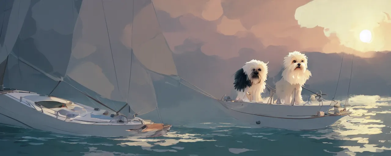 Image similar to a cream - colored havanese dog and shih tzu, sailing on a luxury yacht, detailed, atey ghailan, goro fujita, studio ghibli, rim light, exquisite lighting, clear focus, very coherent,