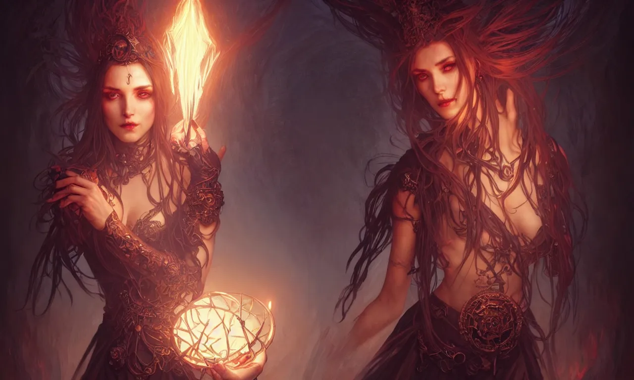 Image similar to Necromancer Sorceress in center, fantasy magic, undercut hairstyle, dark light night, intricate, elegant, sharp focus, illustration, highly detailed, digital painting, concept art, matte, art by WLOP and Artgerm and Greg Rutkowski and Alphonse Mucha, masterpiece