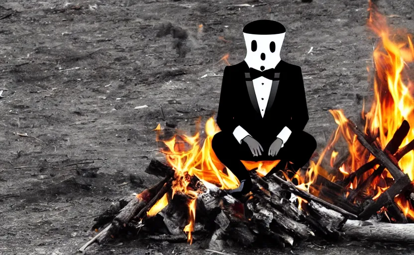 Prompt: a man wearing a tuxedo sitting in the middle of a bonfire, no face