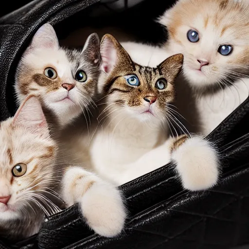 Prompt: a highly detailed photo of multiple furry cats inside a chanel bag, white background, studio lighting, 4 k, 8 k