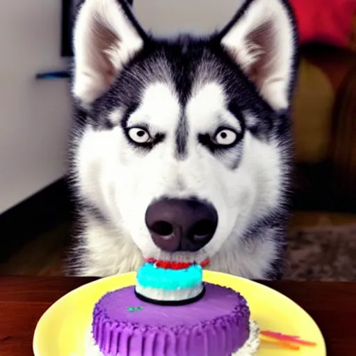 Prompt: a high - quality photo of a husky eating a birthday cake