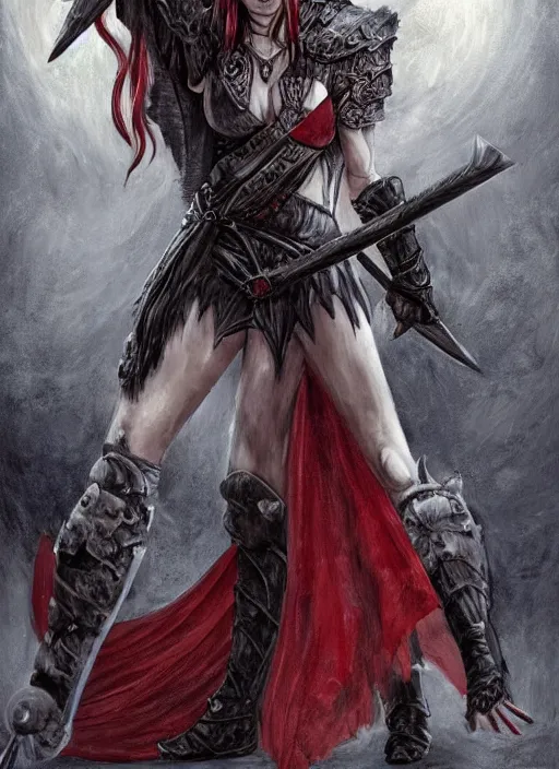 Image similar to dnd art, female vampire warrior, no shoes, barefoot, exposed toes, black nail polish, black full plate armor, historical armor, realistic armor, muscular, full body portrait, monstrous mask, giant two - handed sword dripping blood, red wings, grinning, realistic, pathfinder, flying.