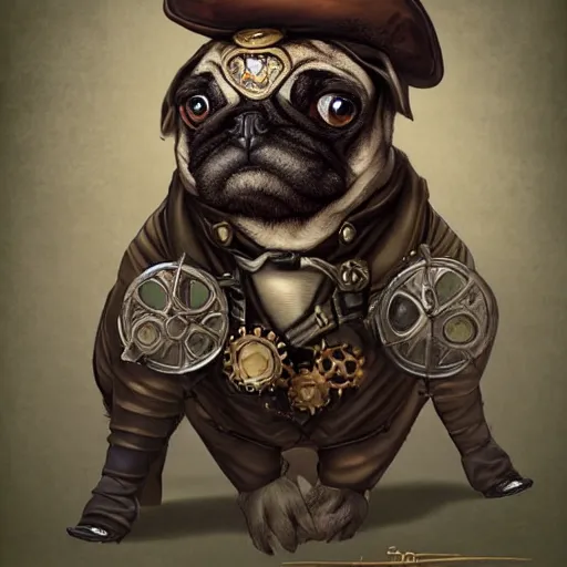 Image similar to pug dressed with inspirations from steampunk style, high detailed, digital art, trending on artstation, devianart, cgsociety