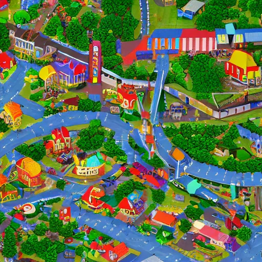 Image similar to zoomed in section of a larger map of busytown, extreme detail, sharp colors, octane render, 8k