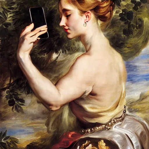 Image similar to heavenly summer sharp land sphere scallop well dressed lady taking a selfie with her iphone auslese, by peter paul rubens and eugene delacroix and karol bak, hyperrealism, digital illustration, fauvist, iphone