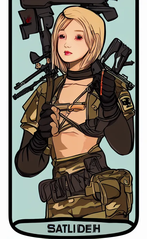 Prompt: patch design, girl, kuvshinov ilya, concept art, trading card front, soldier clothing, military gear, vector line art