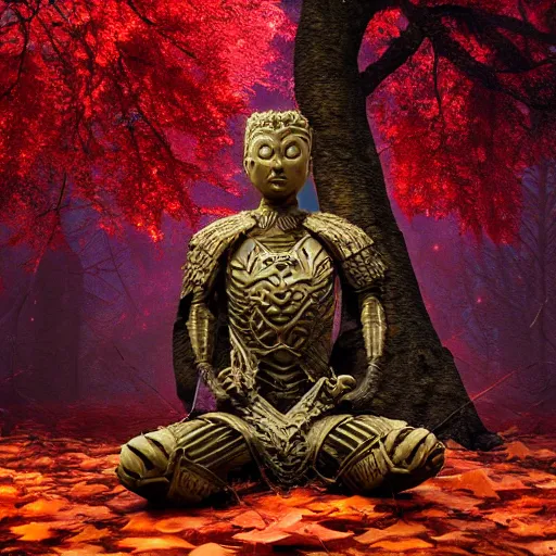 Image similar to warrior, wearing stone wood vines led diode armor, sitting in lotus position by tall tree with red and orange autumn leaves, meditation, highly detailed, dramatic lighting, night time, cinematic, sci - fi, hyperrealistic, detailed